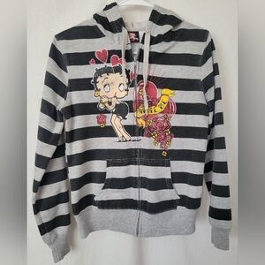 Betty Boop Striped Junior Women Hoodie Black and Gray 2008 King Medium 7/9 Vtg